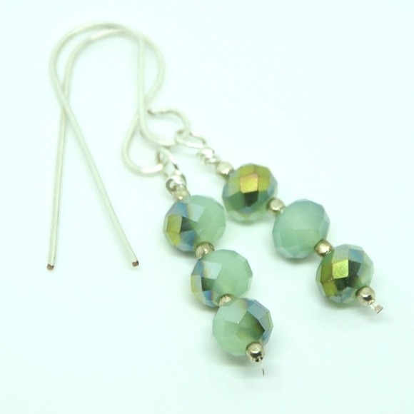 Handmade Sterling Silver Mint Green Faceted Dangle Earrings - Picture 4 of 13